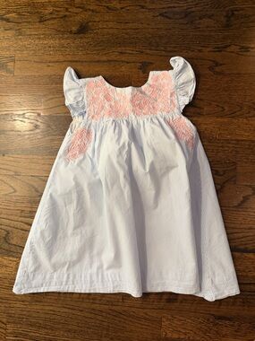 Girls' Light Blue Stripe Dress with Pink Embroidery